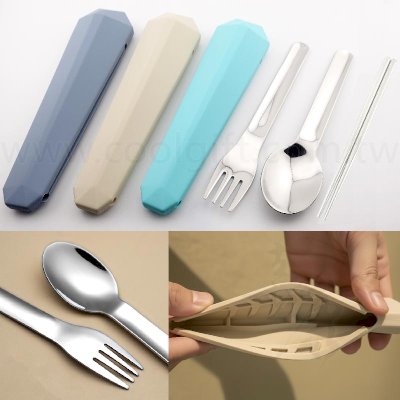 深藍灰湖藍三色矽膠套不鏽鋼餐具組