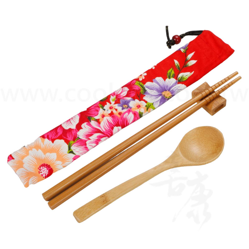 客家花布束口袋碳化餐具組