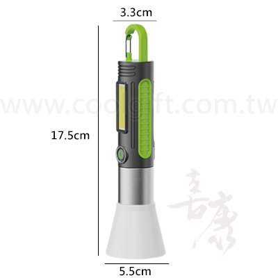 一款綠色和灰色相間的兩用吊掛露營燈 具有可拆卸的燈罩 適合戶外露營使用