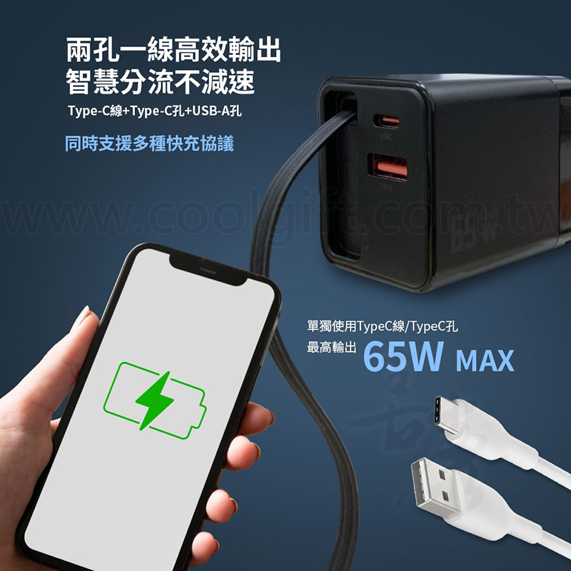 台灣製MCK自帶線氮化鎵充電器65W